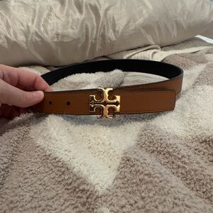 Tory Burch Brown and Black Reversible Leather Belt with Gold Emblem